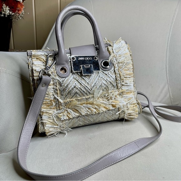 JIMMY CHOO 2WAY Shoulder Handbag light Metallic Woven & Raffia Leather Taupe - Picture 2 of 8